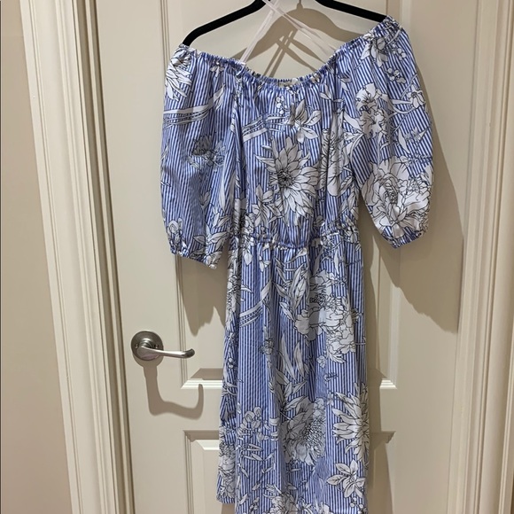 Floral Off-Shoulder Blue Dress - Picture 1 of 3
